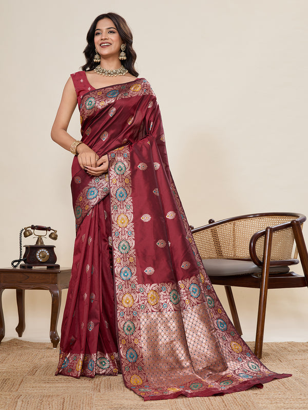 Maroon Pure Jacquard Saree With Unstiched Blouse