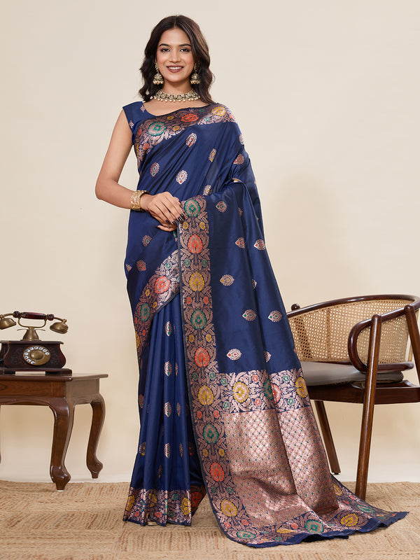 Blue Pure Jacquard Saree With Unstiched Blouse