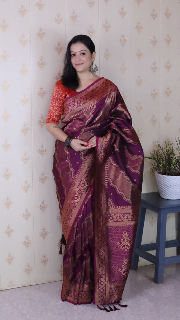 Dark Wine Soft Silk Saree With Unstiched Blouse