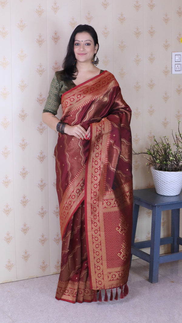 Maroon Soft Silk Saree With Unstiched Blouse