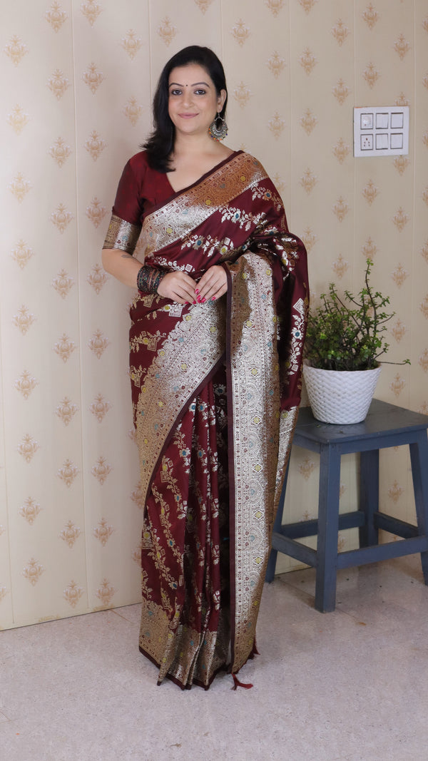 Maroon Banarasi Soft Silk Saree With Unstiched Blouse