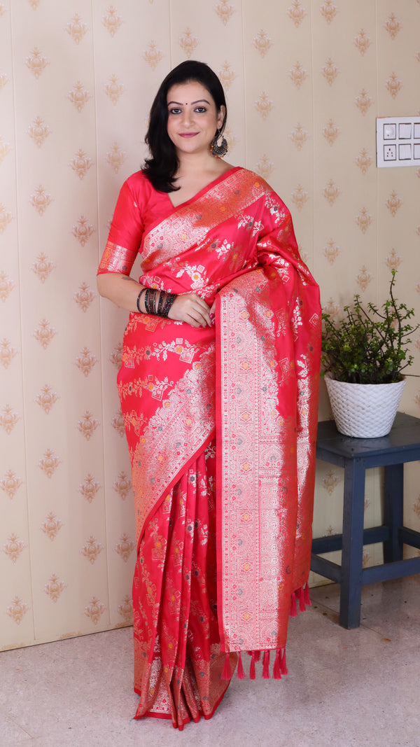 Pink Banarasi Soft Silk Saree With Unstiched Blouse
