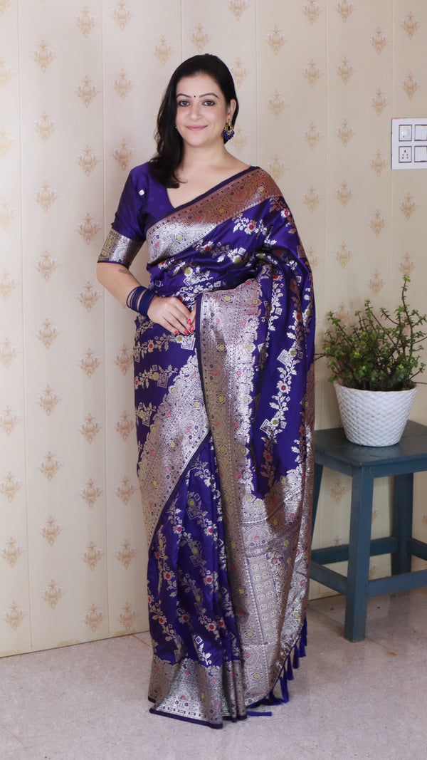 Violet Banarasi Soft Silk Saree With Unstiched Blouse