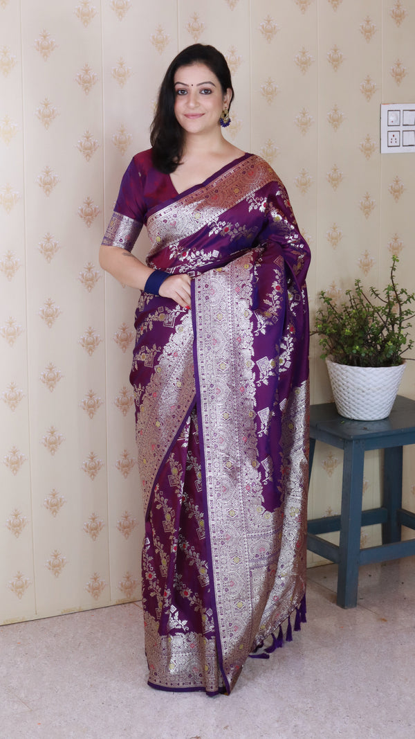 Wine Banarasi Soft Silk Saree With Unstiched Blouse