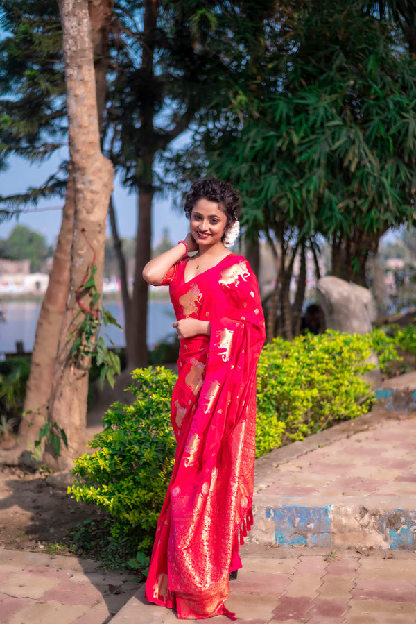 Pink Soft Moonga Silk Saree With Unstiched Blouse