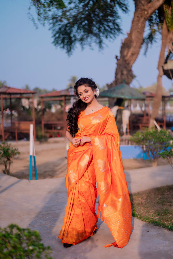 Orange Soft Moonga Silk Saree With Unstiched Blouse