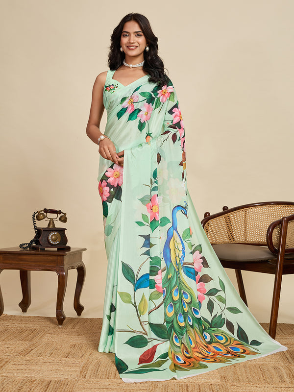 Mint Green Chinon Saree With Unstiched Blouse