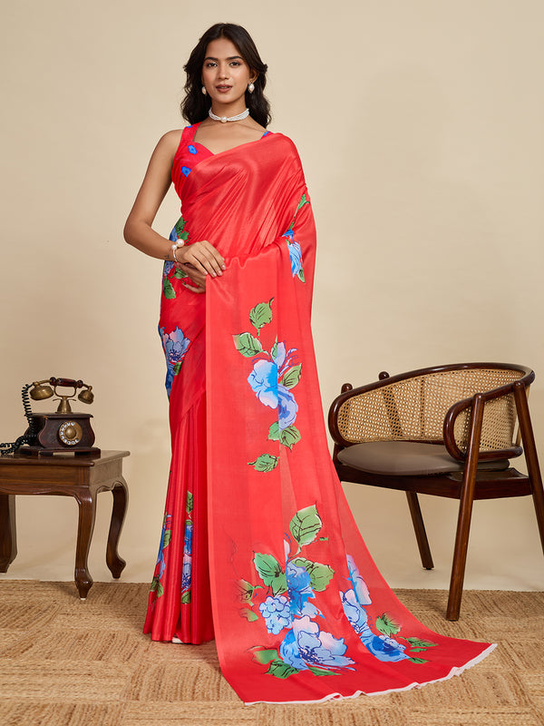 Red Chinon Saree With Unstiched Blouse
