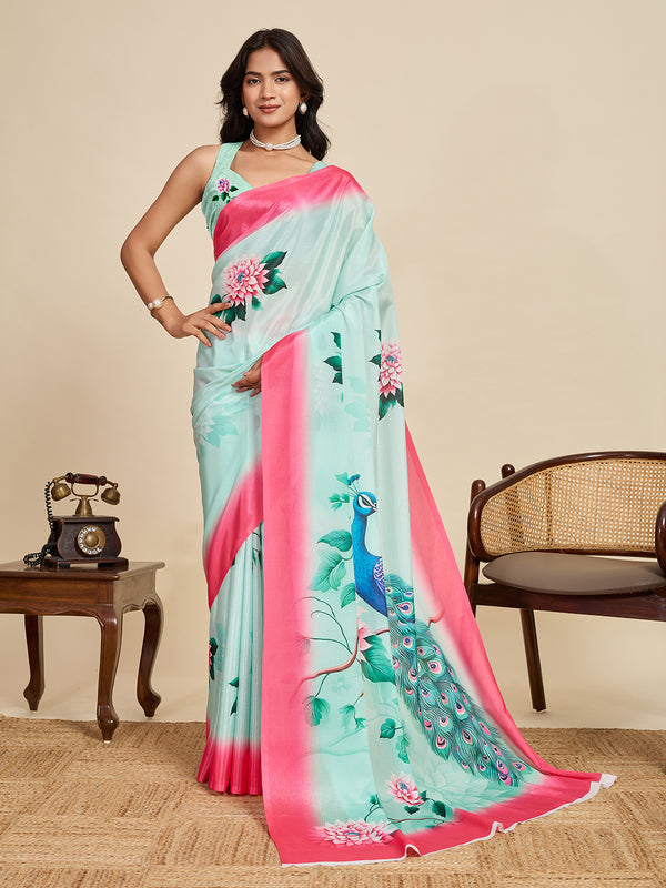 Ice Blue Chinon Saree With Unstiched Blouse