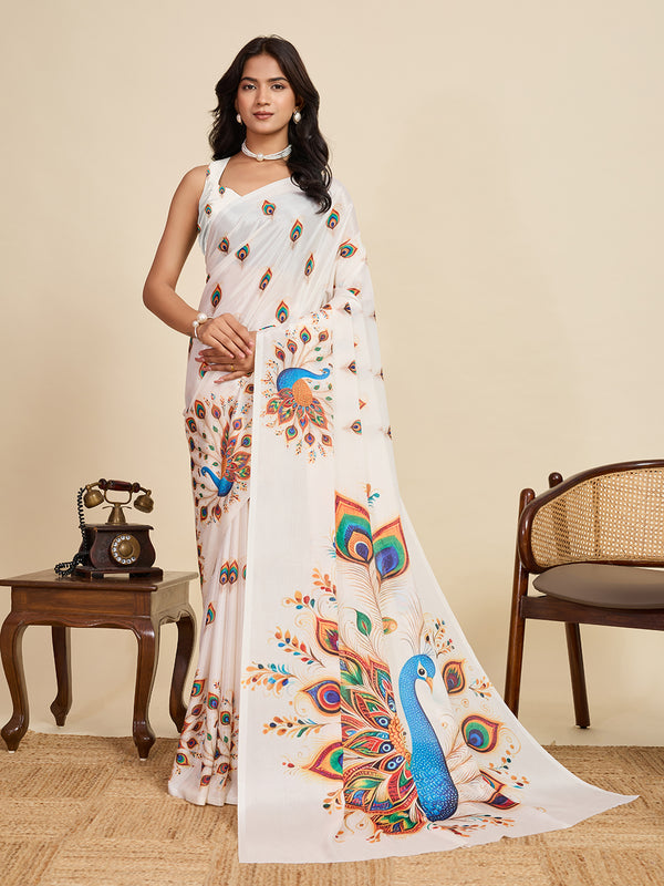 Soft Cream Chinon Saree With Unstiched Blouse