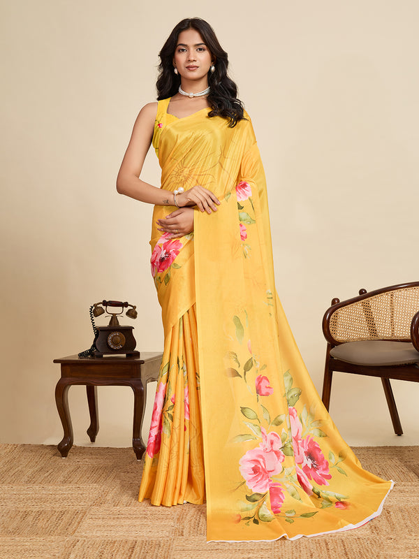 Yellow Chinon Saree With Unstiched Blouse