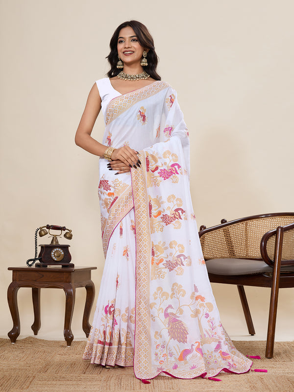 White Cotton Saree With Unstiched Blouse