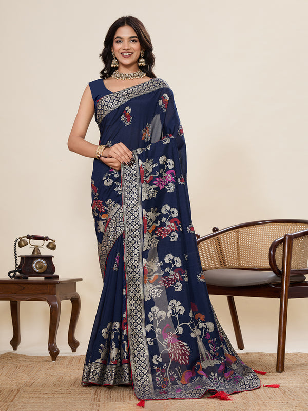 Blue Cotton Saree With Unstiched Blouse