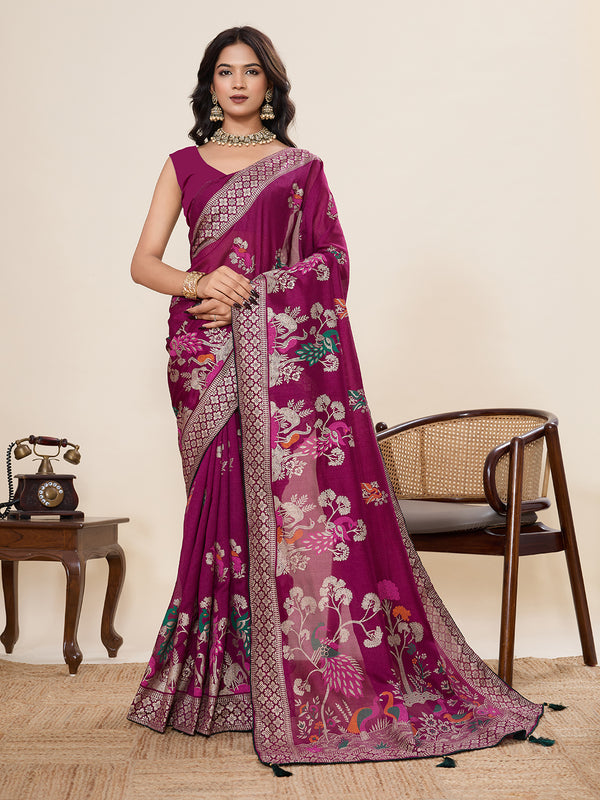 Violet Cotton Saree With Unstiched Blouse