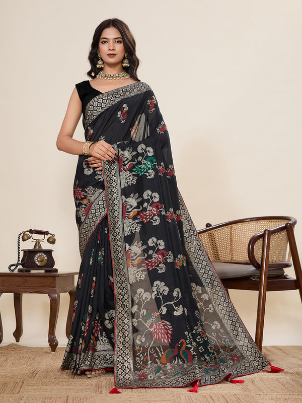 Black Cotton Saree With Unstiched Blouse