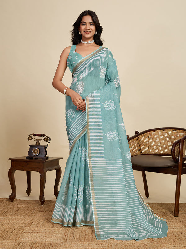 Sage Green Linan Saree With Unstiched Blouse