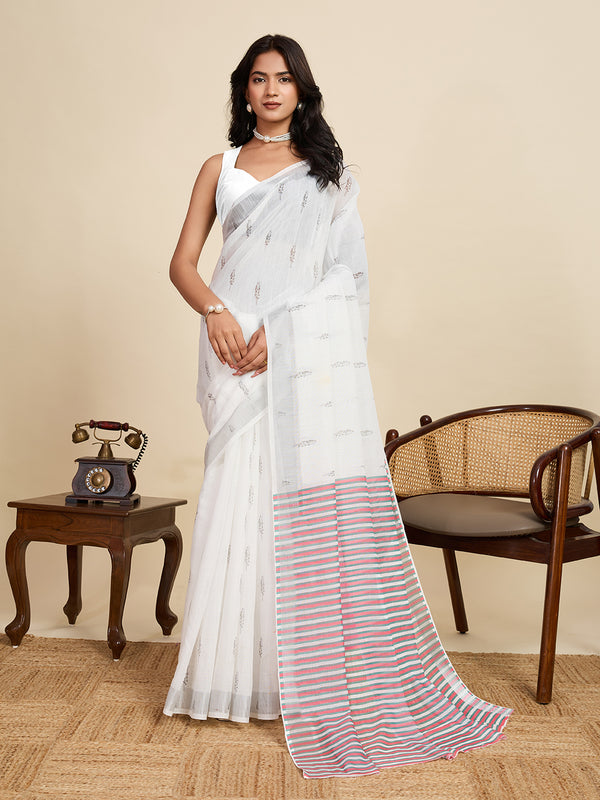 White Linan Saree With Unstiched Blouse