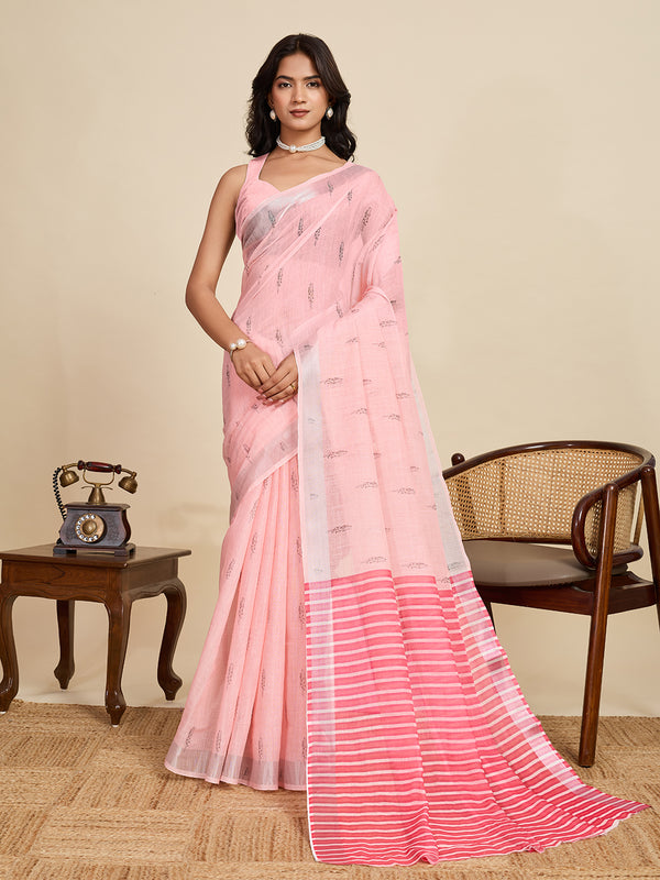 Baby Pink Linan Saree With Unstiched Blouse