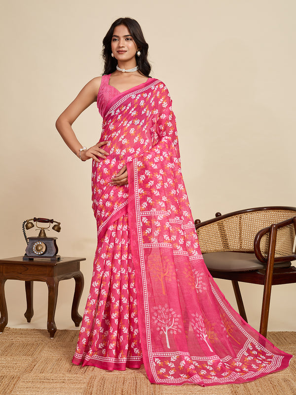 Pink Linan Saree With Unstiched Blouse