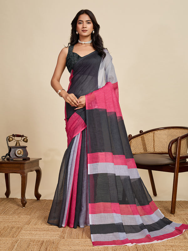 Multicolour Linan Saree With Unstiched Blouse