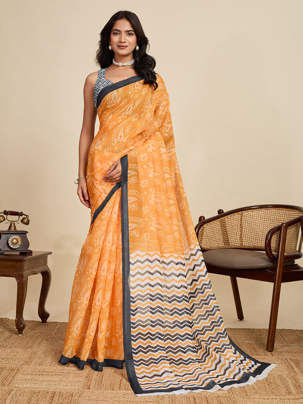 Yellow Linan Saree With Unstiched Blouse
