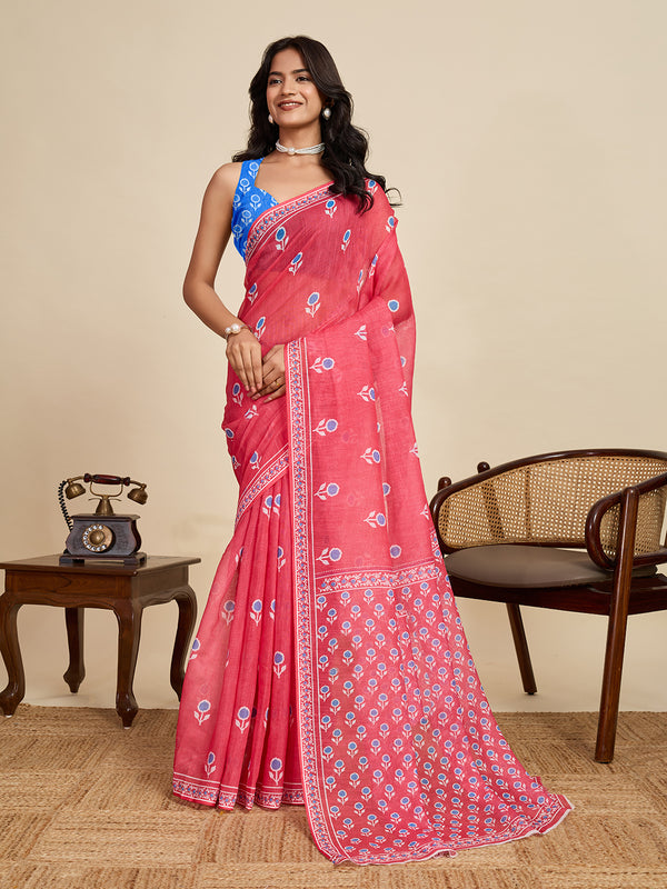 Red Linan Saree With Unstiched Blouse