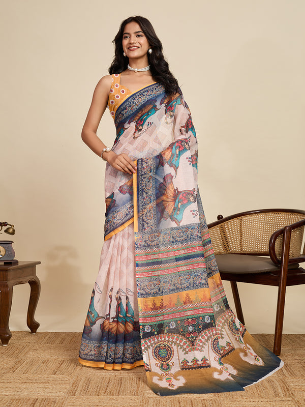 White Linan Saree With Unstiched Blouse