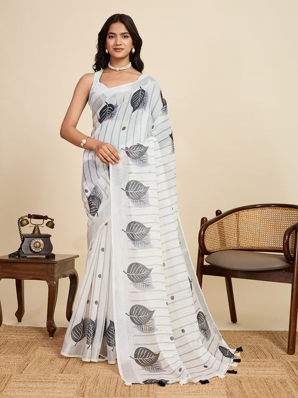 White Linan Saree With Unstiched Blouse