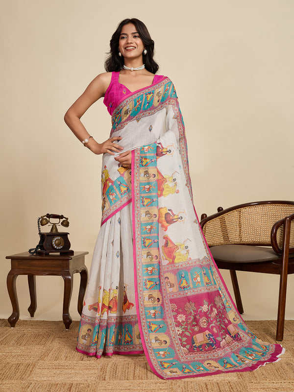 Multicolour Linan Saree With Unstiched Blouse