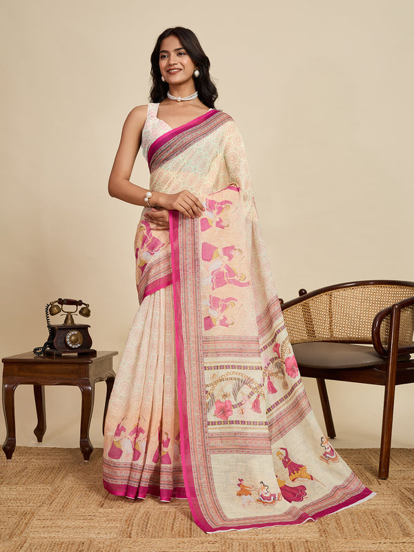 Cream Linan Saree With Unstiched Blouse