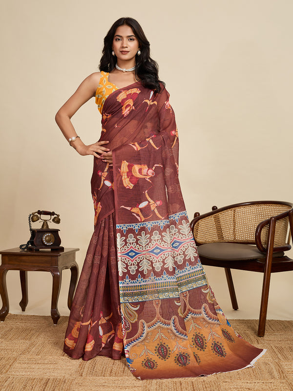 Maroon Linan Saree With Unstiched Blouse
