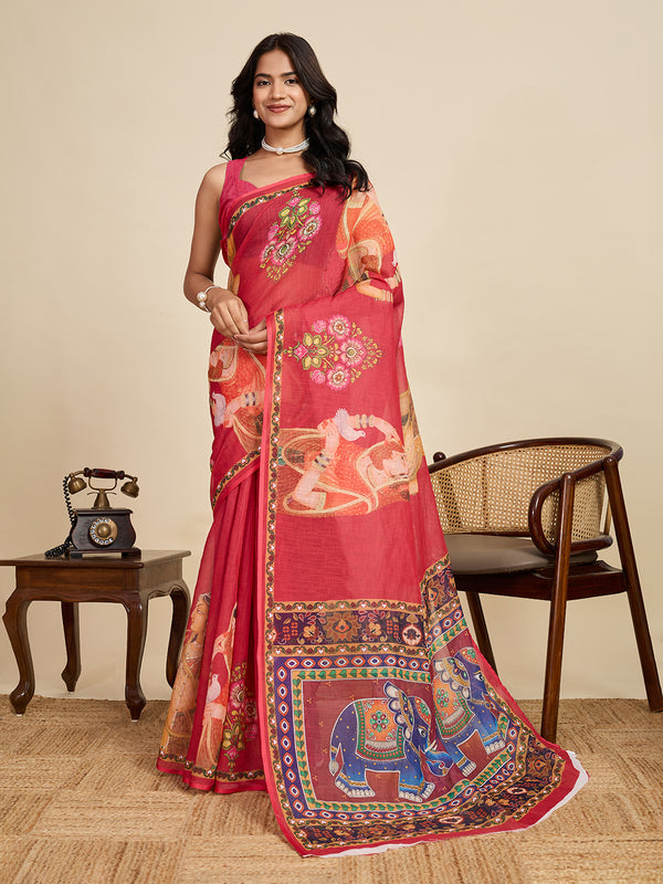 Red Linan Saree With Unstiched Blouse