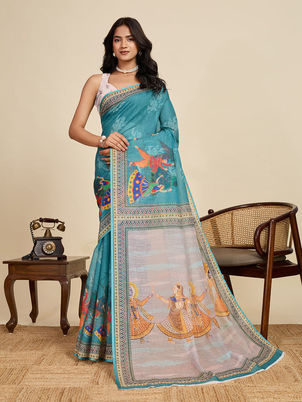 Sea Green Linan Saree With Unstiched Blouse
