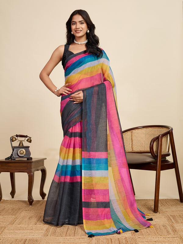 Multicolour Linan Saree With Unstiched Blouse