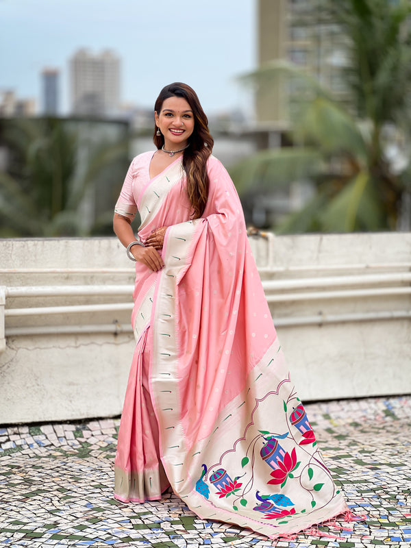 Baby Pink Paithani Saree With Unstiched Blouse
