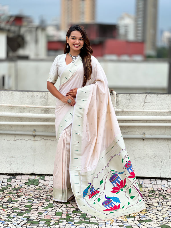 Cream Paithani Saree With Unstiched Blouse