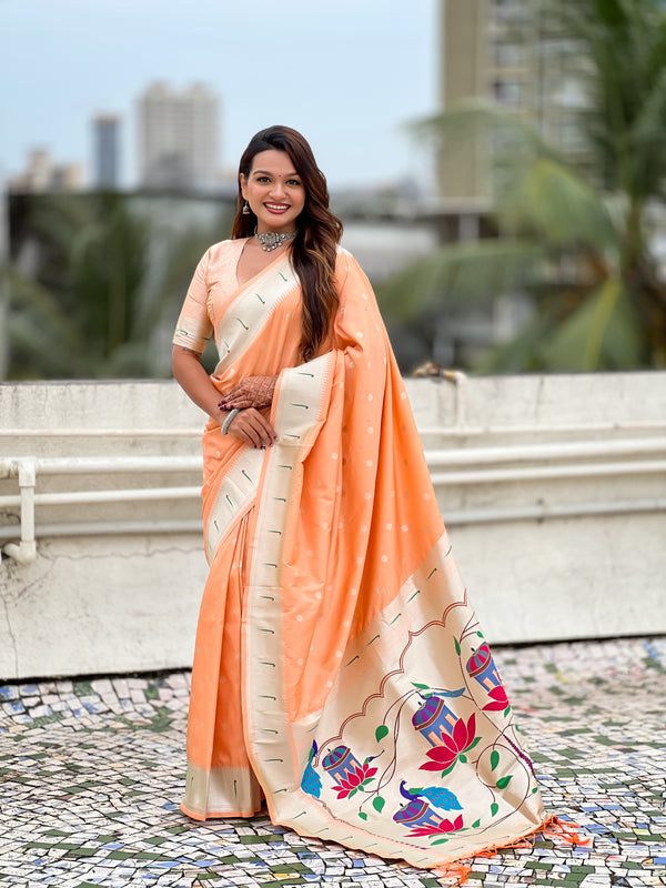 Orange Paithani Saree With Unstiched Blouse