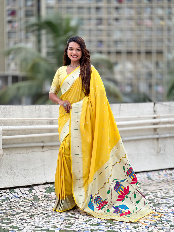 Yellow Paithani Saree With Unstiched Blouse