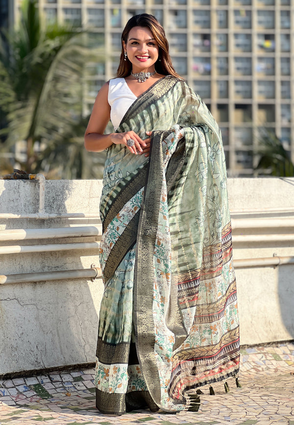 Green Soft Chanderi Crush Saree With Unstiched Blouse