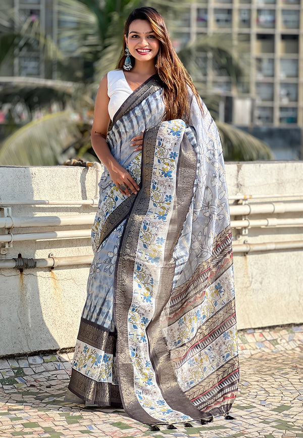 Grey Soft Chanderi Crush Saree With Unstiched Blouse