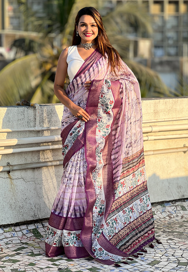 Lavender  Soft Chanderi Crush Saree With Unstiched Blouse
