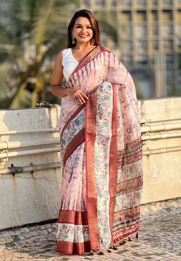 Peach Soft Chanderi Crush Saree With Unstiched Blouse