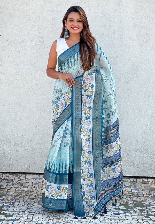 Sky Soft Chanderi Crush Saree With Unstiched Blouse