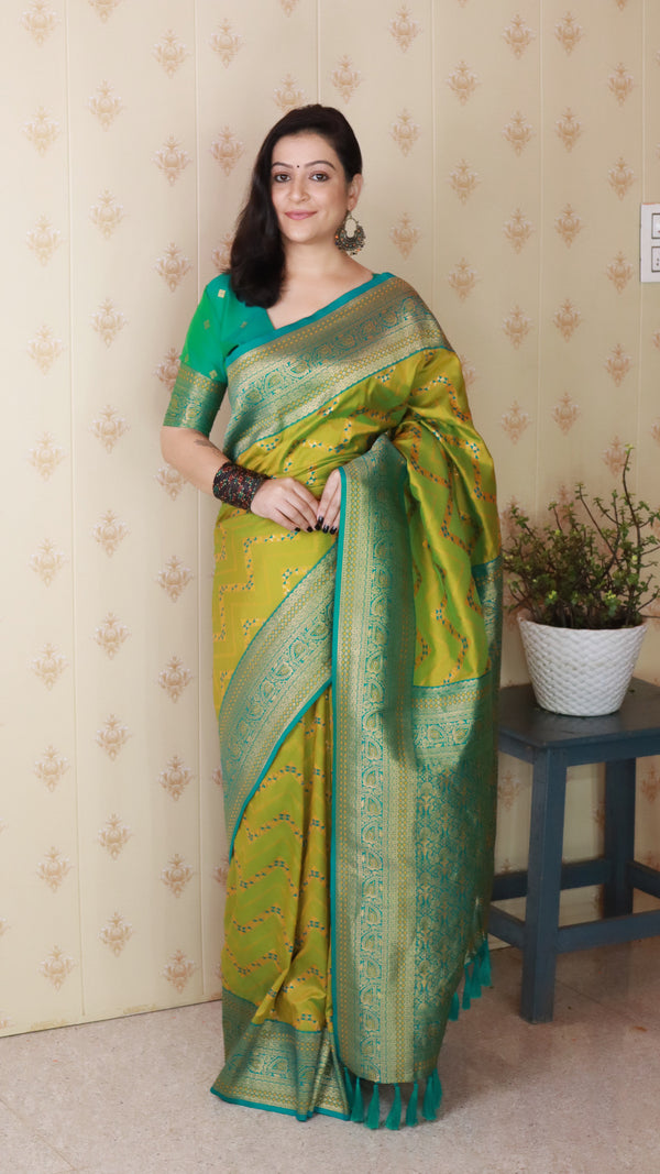 Mehendi Banarasi Soft Silk Saree With Unstiched Blouse