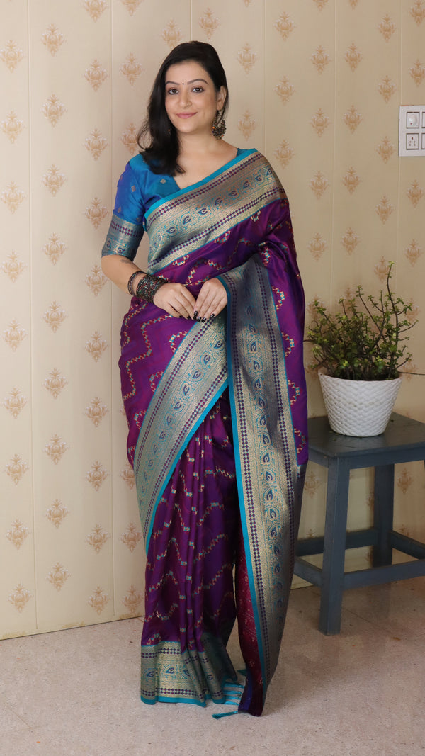 Violet Banarasi Soft Silk Saree With Unstiched Blouse