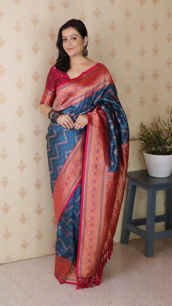 Navy Blue Banarasi Soft Silk Saree With Unstiched Blouse