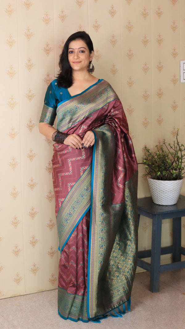 Light Maroon Banarasi Soft Silk Saree With Unstiched Blouse