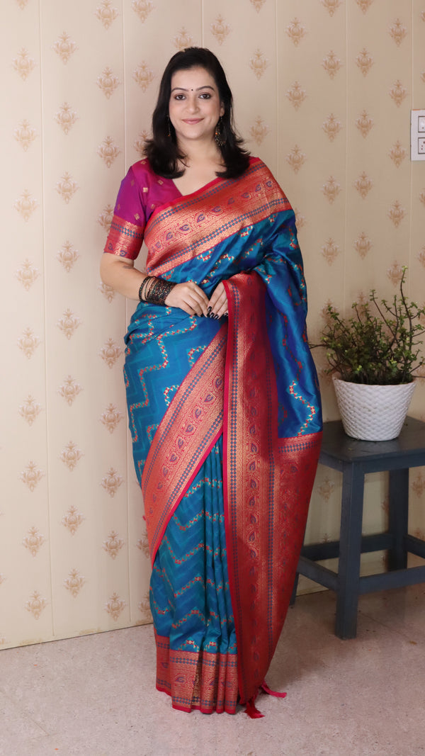 Royal Blue Banarasi Soft Silk Saree With Unstiched Blouse