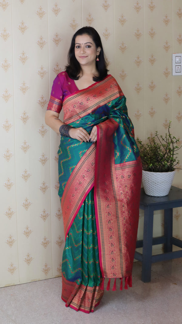 Rama Banarasi Soft Silk Saree With Unstiched Blouse