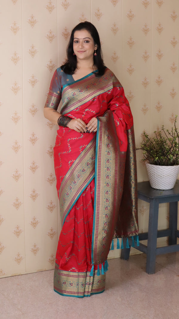Pink Banarasi Soft Silk Saree With Unstiched Blouse